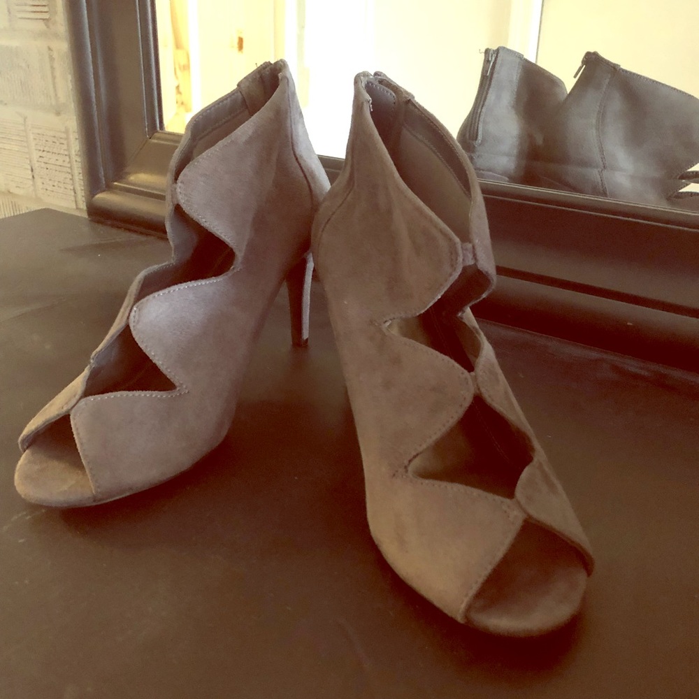 Grey suede open toe heels by Impo